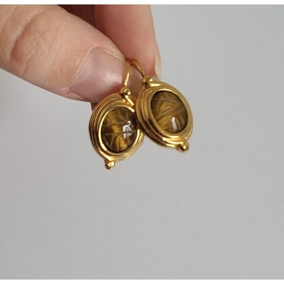 Vintage Boho Egypt Gold Plated Carved Scarab Tiger's Eye Cabochon Drop Earrings - Picture 4 of 8